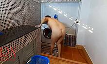 Naked housekeeper Regina Noir in solo laundry session